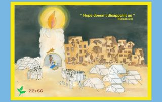 Full card, revealing the message: "Hope doesn't disappoint us", and a candle inside which is a small nativity, to which the refugees converge
